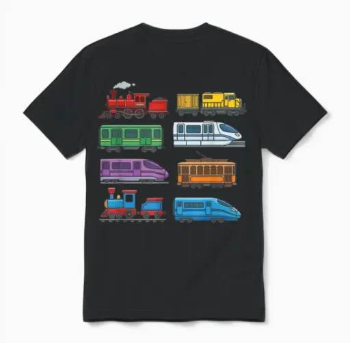 Colourful Railway Trains Locomotives Retro Modern Children's Unisex T-Shirt in Black
