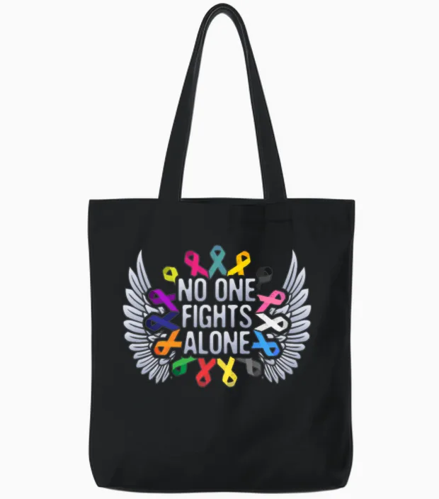 Multi Color Ribbon Cancer Awareness, No One Tote Bags in Black