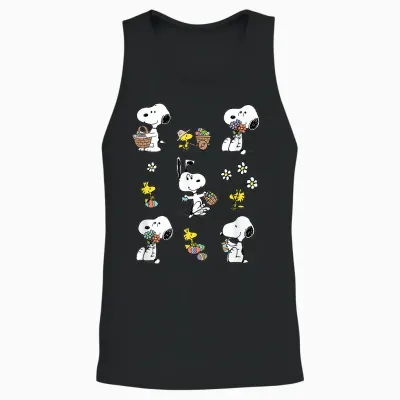 Peanuts Snoopy Woodstock Easter Spring Pattern T-Shirt, Gray Unisex Tank Top - Black