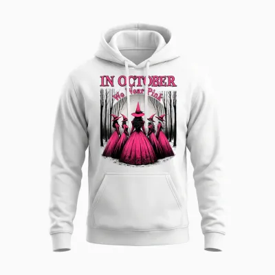 Retro in October We Wear Pink Witch Breast Cancer Awareness Unisex Hoodie - White