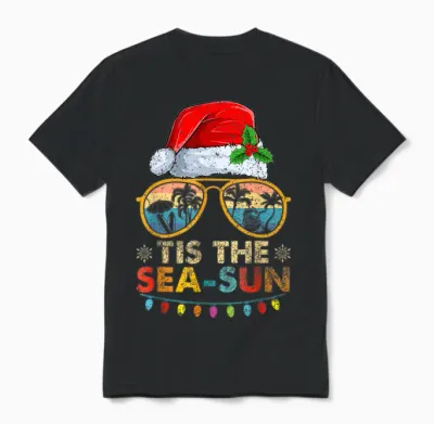 Tis the Sea Sun Santa Beach Summer Christmas in July Summer Unisex T-Shirt - Black