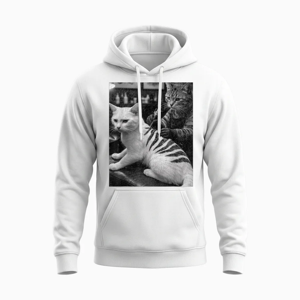 Retro Cats Tattoo Dark Humour Cat Gets Inked Unisex Hoodie in White