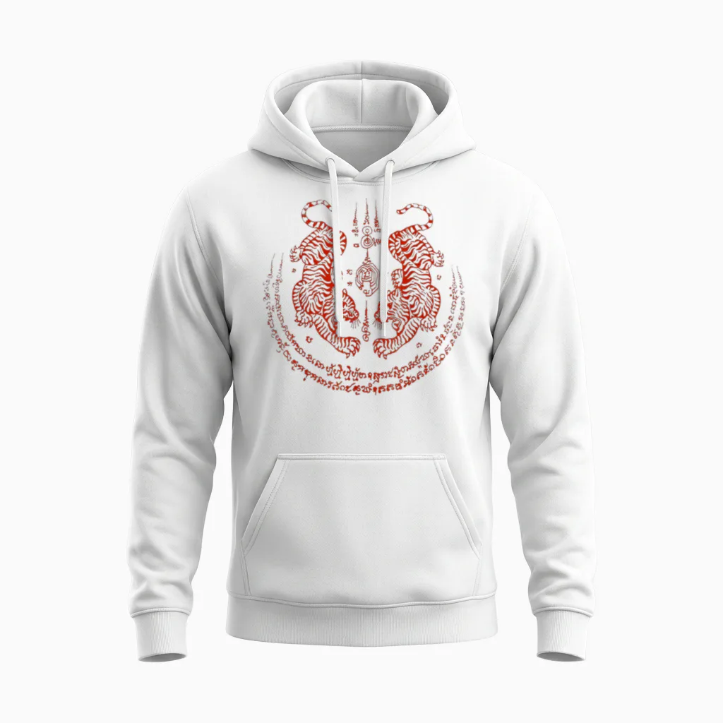 Sak Yant Tatouage Yantra Tigres Jumeaux Bangkok Thaïlande Unisex Hoodie in White