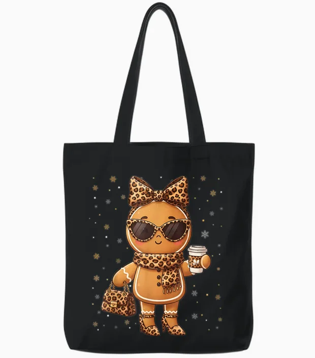 Cute Gingerbread Leopard Christmas Xmas Girl Women Tote Bags in Black