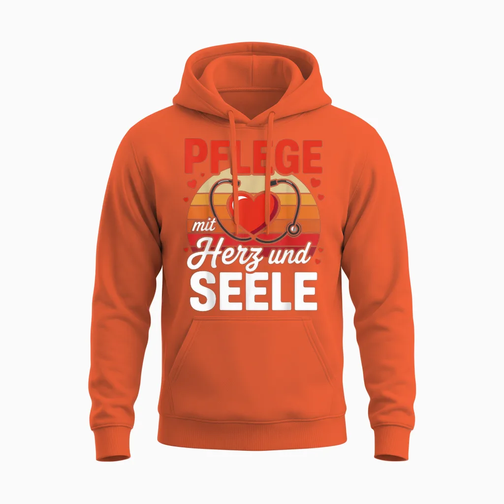 "pflege Mit Herz Und Seele" Altenpflege Unisex Hoodie in Orange