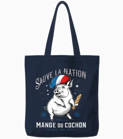 Sauve La Nation Eats Du Pig, Gift Humour France T-Shirt, Black, S Tote Bags - Navy