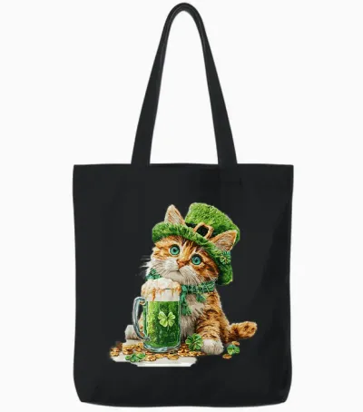 St. Patrick's Day Cat, Kitten Lover, Kids Boys Tote Bags - Black