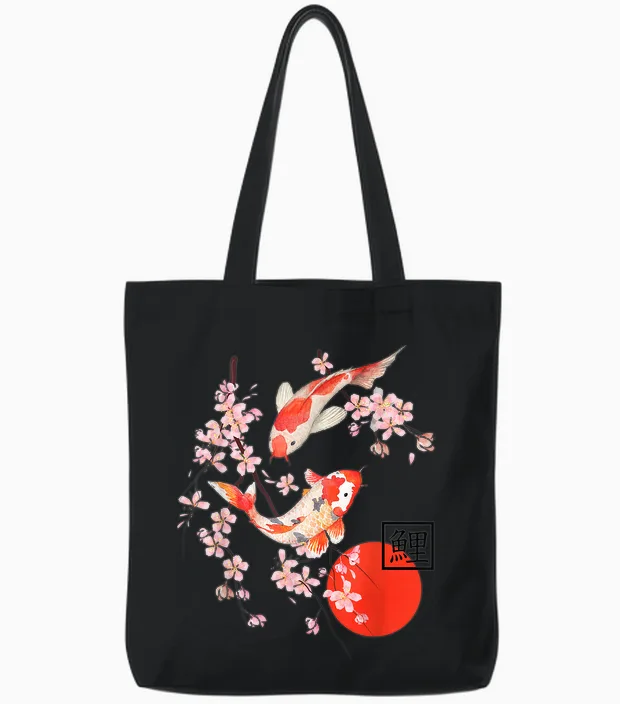 Cherry Blossom Koi Carp Fish Japanese Sakura Art Graphic Tote Bags in Black