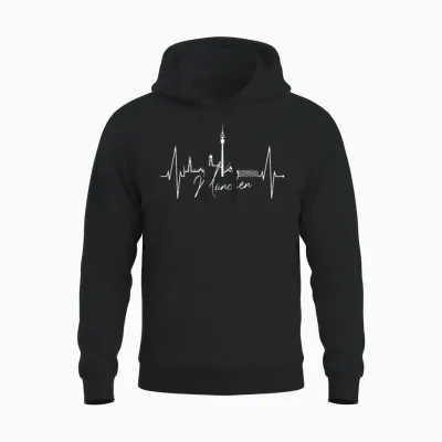 T-Shirt with German Text "münchen I Love Munich" Skyline Heartbeat, Black Unisex Hoodie - Black