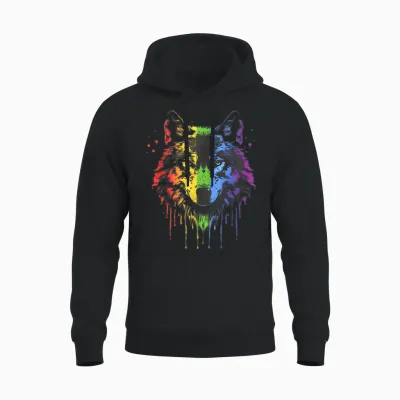 Lgbt Gay Pride Watercolour Wolf Lgbtq Rainbow Lesbian Pride Unisex Hoodie - Black