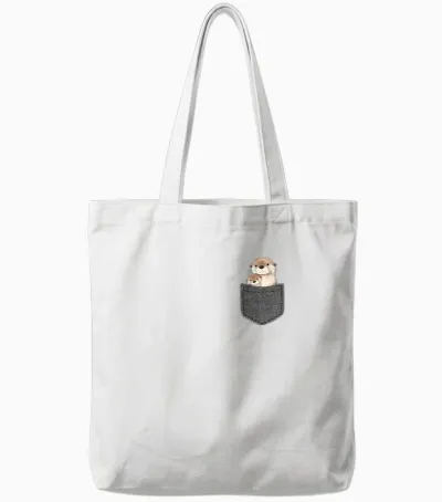 Otter in Chest Pocket T-Shirt, Black Tote Bags - White