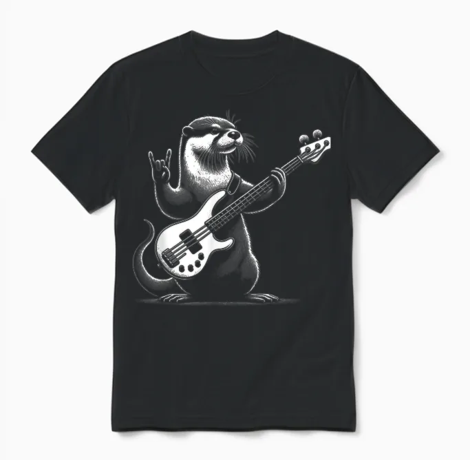 Otter Rock N Roll Playing Guitar Funny Man Woman Otter T-Shirt, Black, S Unisex T-Shirt in Black