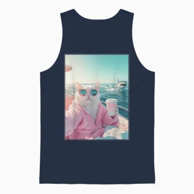 Relaxed Cat on Yacht Boat and Shark Funny Cat Meme Unisex Tank Top - Navy