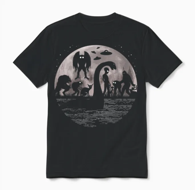 Bigfoot Loch Ness Monster Mothman and Aliens! Funny Cryptid Unisex T-Shirt in Black