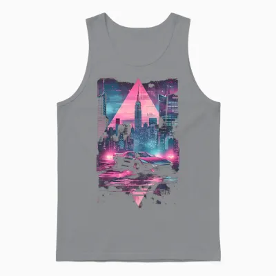 1980s 1990s Retro Car Retrowave Aesthetic with City Skyline Unisex Tank Top - Sport Grey