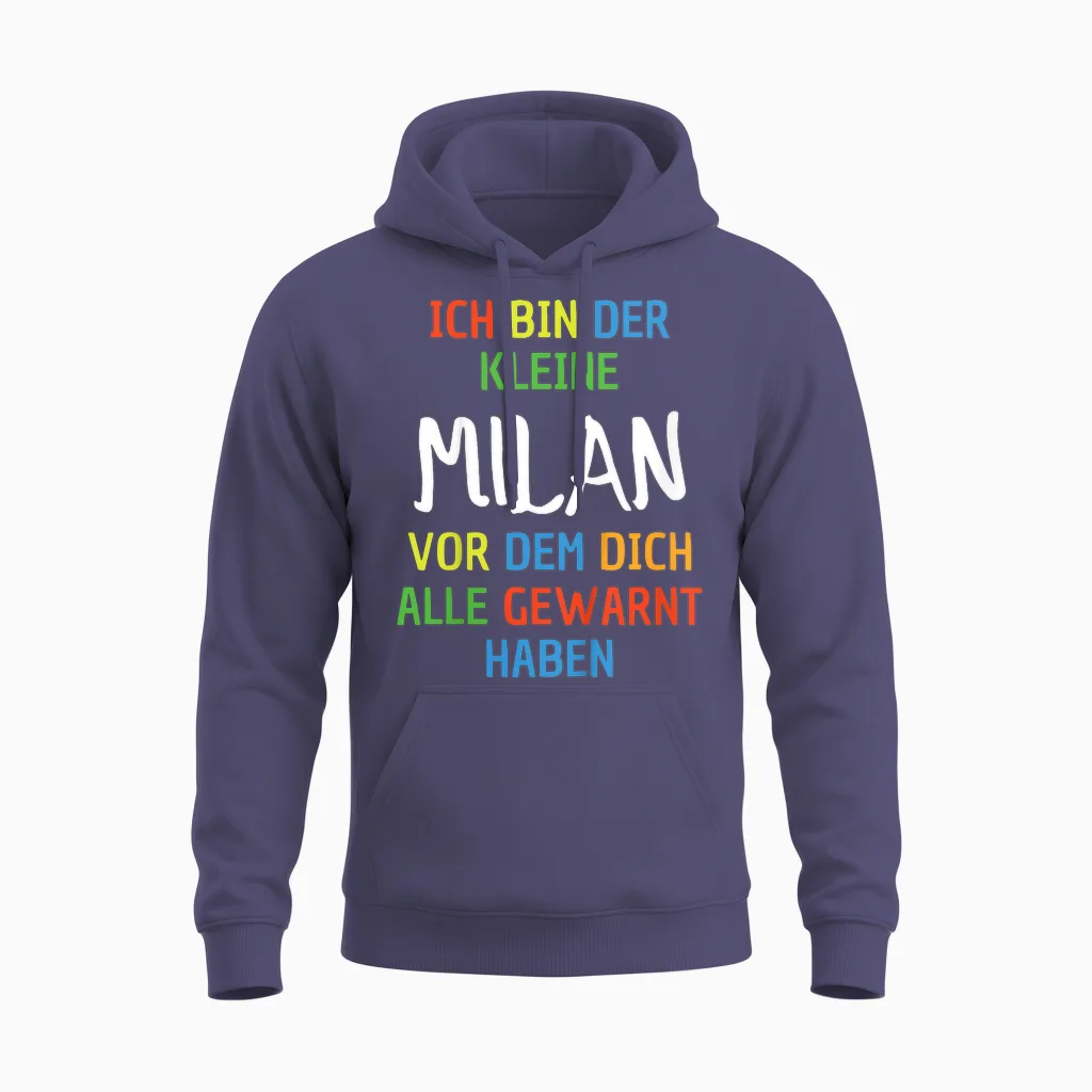 Children's Name Milan T-Shirt with German Text "ich Bin Der Kleine Milan, Black Unisex Hoodie in Heather Sport Dark Navy
