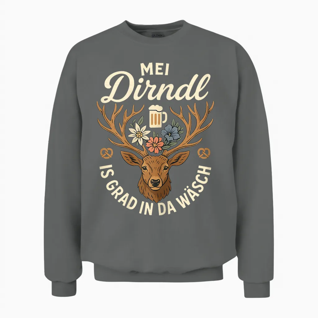Dirndl Ersatz Tracht Mei Dirndl Is in Da Wäsch Oktoberfest Unisex Sweatshirt in Graphite Heather