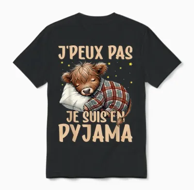 J'peux Pas Je Suis En Pyjama, Highland Cow Nightgown Unisex T-Shirt - Black