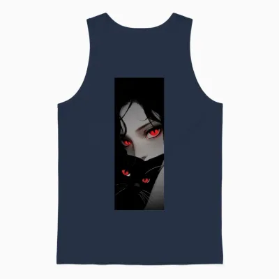 Crimson-Eyed Night with Black Cat Unisex Tank Top - Navy