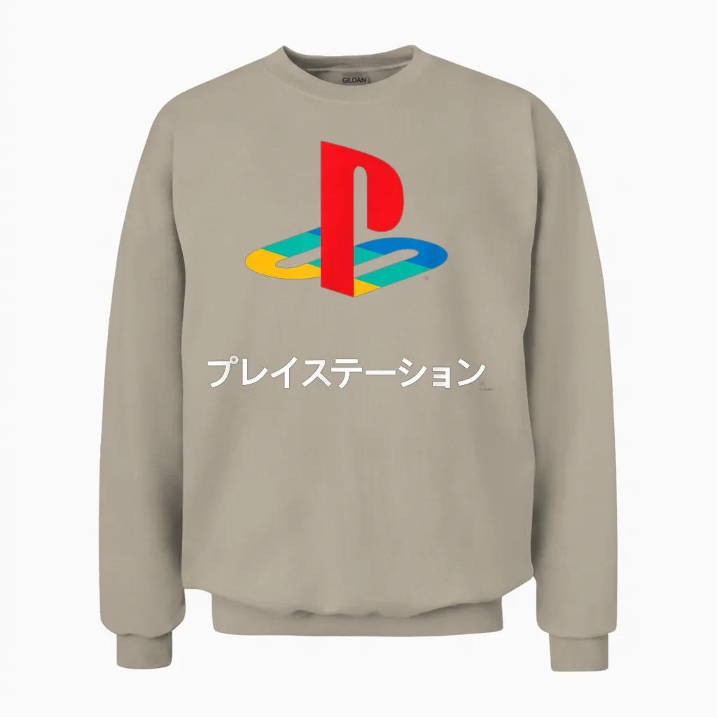 Playstation Full Color Logo with Kanji Modern Video Game Unisex Sweatshirt in Sand