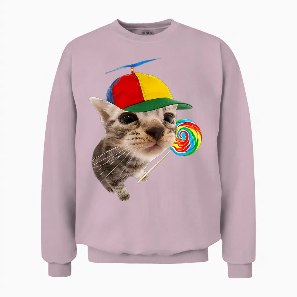Silly Cat with Lollipop Meme T-Shirt, Black, S Unisex Sweatshirt in Light Pink