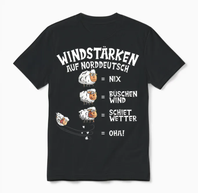 Wind Force in North German Sheep Nix Büschen Shiet Weather T-Shirt, Black Unisex T-Shirt in Black