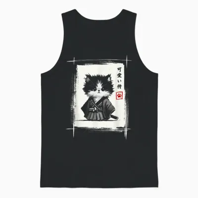Samurai Cat Japanese Art Sumi-E Novelty Kawaii Funny Cat Unisex Tank Top - Black