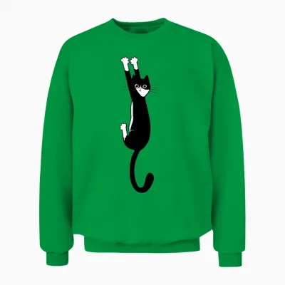Black and White Cat Hanging On Unisex Sweatshirt - Irish Green