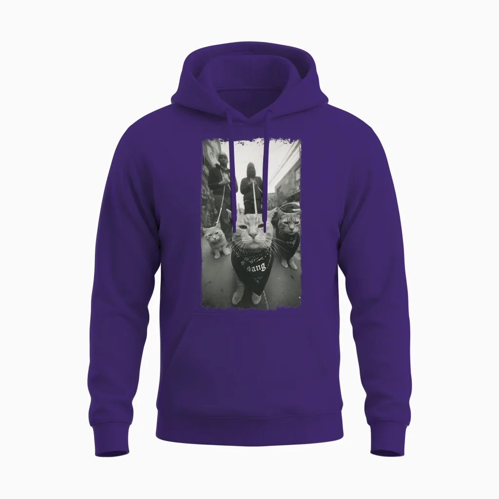 Gangster Cats Streetwear Cool Funny Cat Pattern Unisex Hoodie in Purple