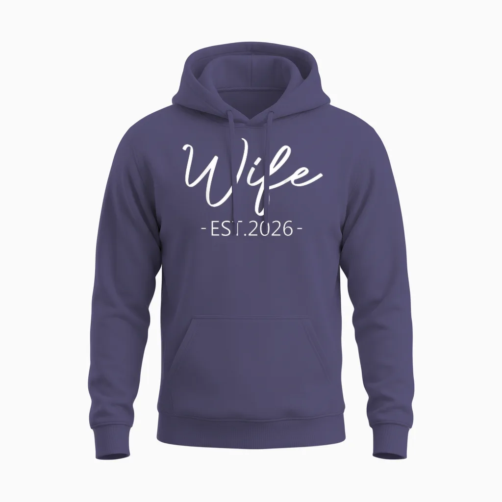 Wife Est 2026 Just Married Honeymoon Hubby Wedding Couple Unisex Hoodie in Heather Sport Dark Navy