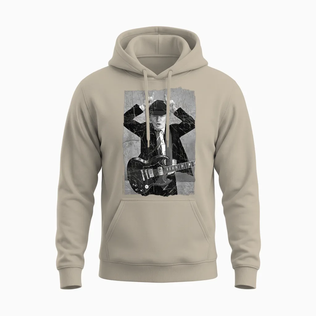 Ac/dc Rock Music Band Angus Young Distressed Photo T-Shirt, Black Unisex Hoodie in Sand