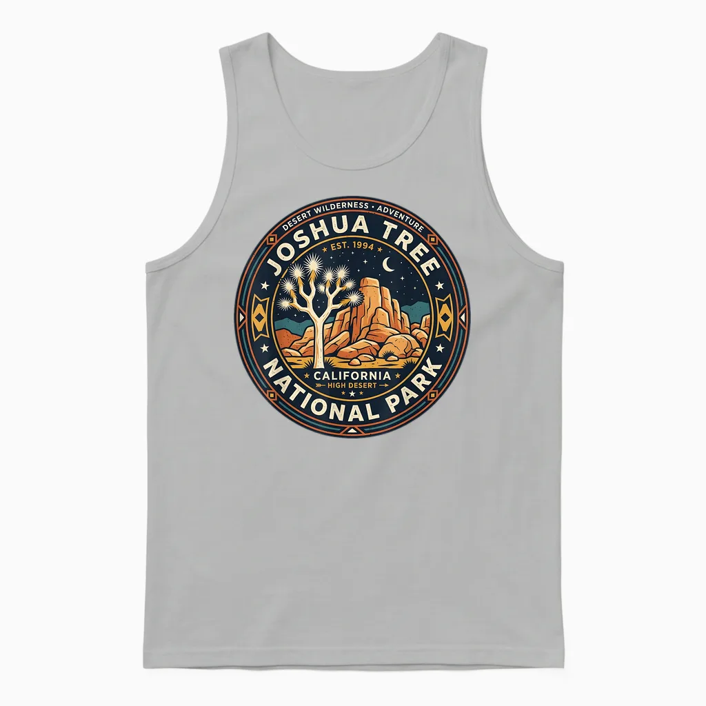 Badge Vintage Joshua Tree National Park California Unisex Tank Top in Ash