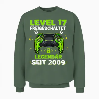 Level 17 Years Birthday Shirt Boy Gamer 2009 Birthday Unisex Sweatshirt - Military Green