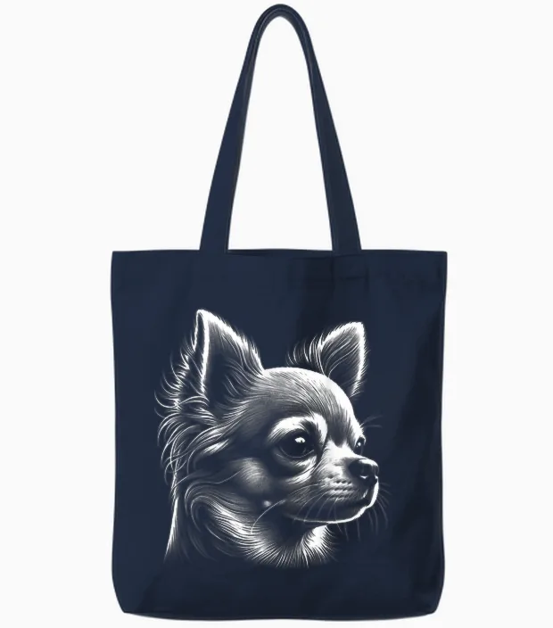 Cute Chihuahua - Head Portrait in Drawing Style T-Shirt, Black Tote Bags in Navy