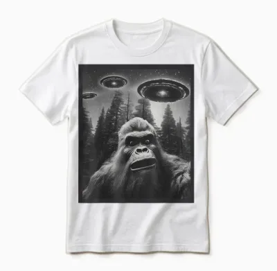 Cat Funny Graphic Tee for Men Women Bigfoot Sasquatch Alien Ufo Unisex T-Shirt - White
