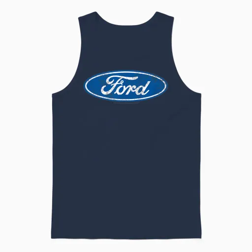Ford, Oval Logo Distressed Blue T-Shirt, Black Unisex Tank Top - Navy