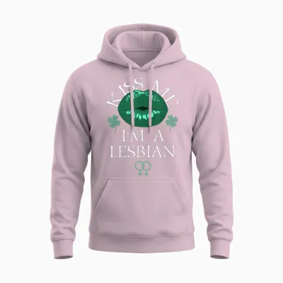 Kiss Me I'm a Lesbian St Patricks Day Green Lips Les Pride Unisex Hoodie - Light Pink