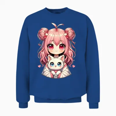 Anime Cute Cat Lovers Kawaii Manga Otaku Anime Girl Pink T-Shirt, Black, S Unisex Sweatshirt - Royal