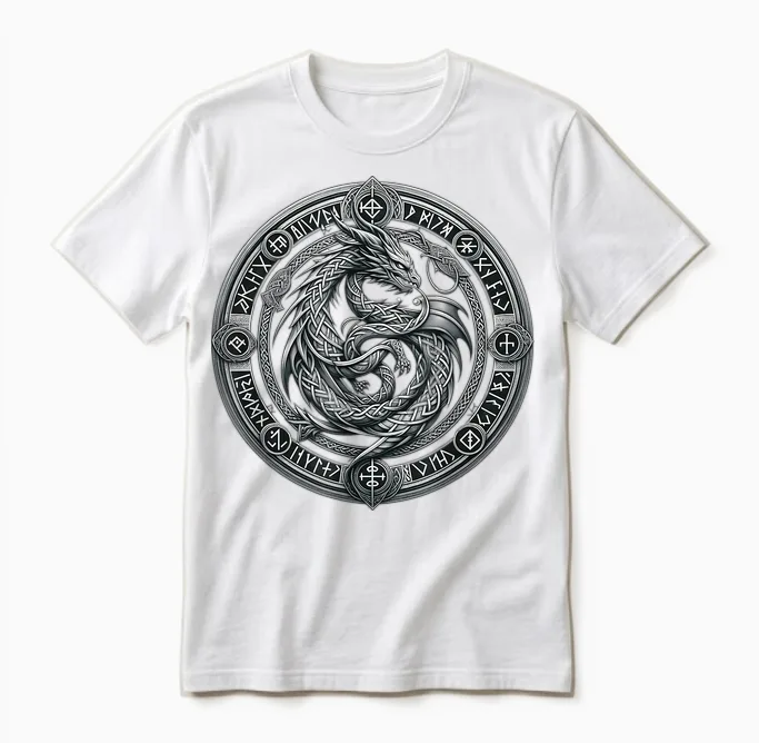 Nordic Dragon Mythical Viking Runes Tribal Celtic Dragon Unisex T-Shirt in White