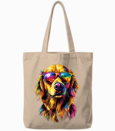 Golden Retriever with Sunglasses Dog Motif I Love Dogs T-Shirt, Black, S Tote Bags - Natural