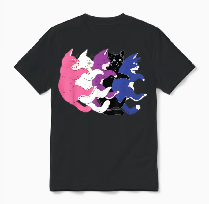 Lgbtq Genderfluid Pride Flag - Cats Pile Genderfluid Unisex T-Shirt in Black