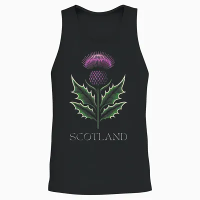Scottish Thistle Flower, Celtic Symbol, Plaid Pattern Unisex Tank Top - Black