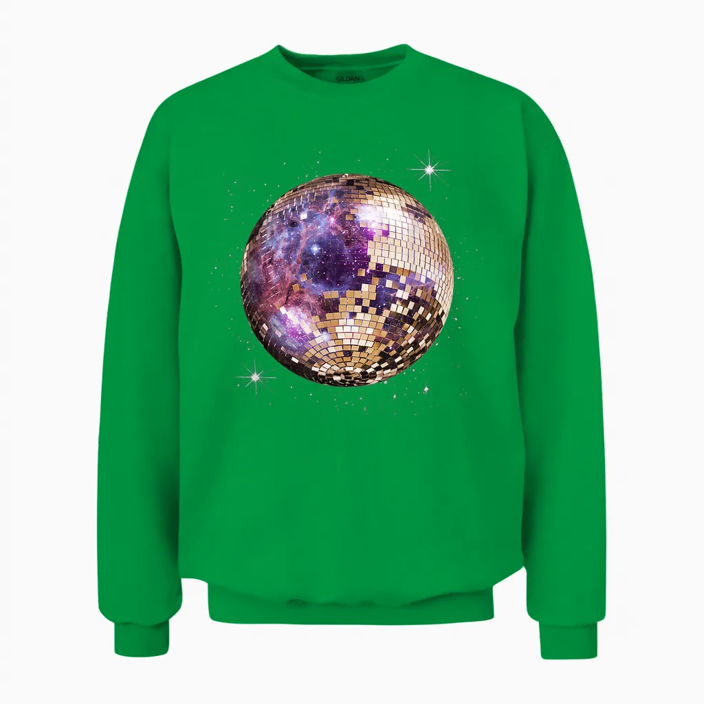 Disco Ball in Space Galaxy Club Retro T-Shirt, Black Unisex Sweatshirt in Irish Green
