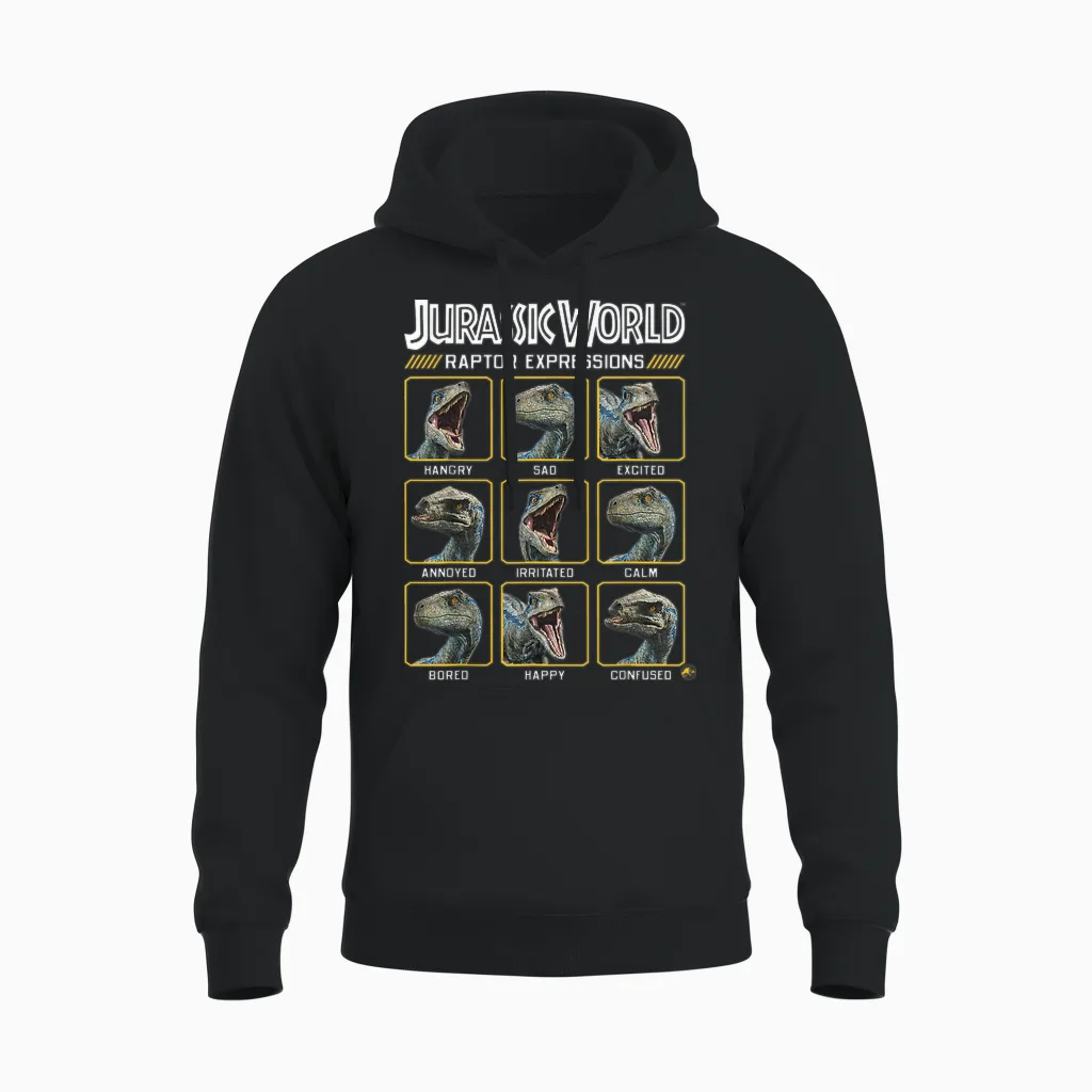 Jurassic World Two Blue Raptor Expressions Graphic Short Sleeve Unisex Hoodie in Black