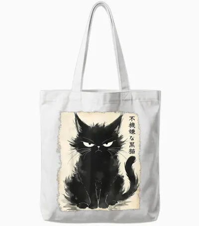 Grumpy Black Cat Neko Vintage Japanische Kunst Anime Kawaii Tote Bags - White