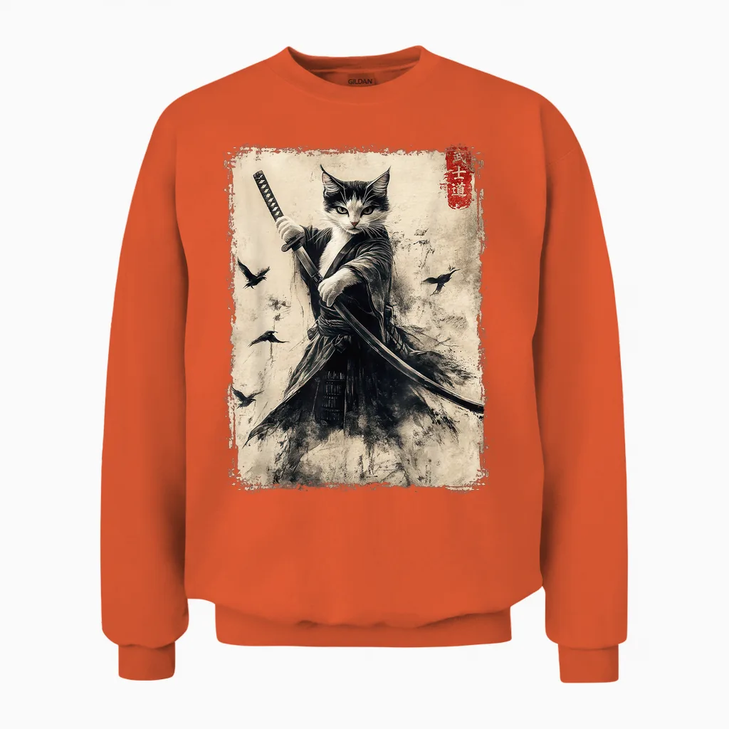 Samurai Cat Graphic Tee Warrior Vintage Japanese Art Anime Unisex Sweatshirt in Orange