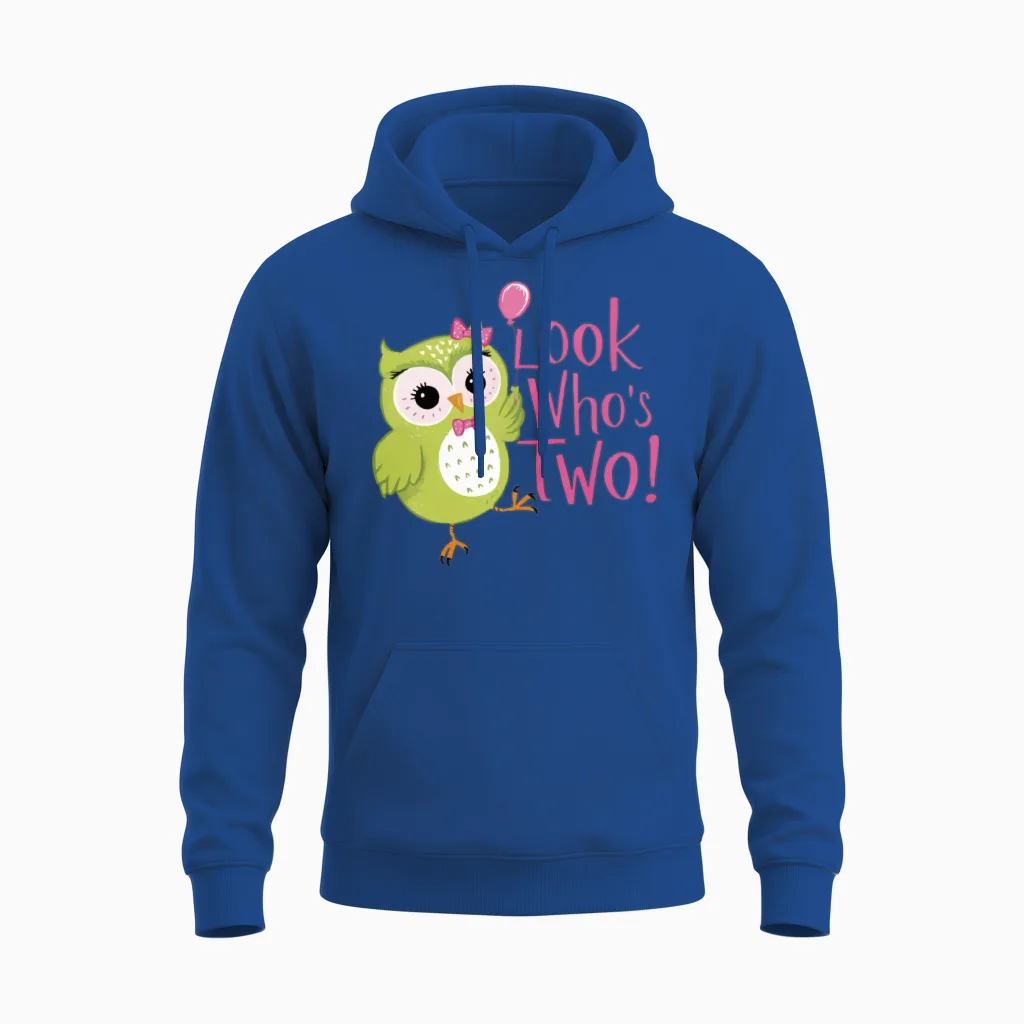 Cute Owl Look Who Is Turning 2 | 2nd Birthday Unisex Hoodie in Royal