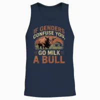 Funny Quote if Genders Confuse You Go Milk a Bull Vintage T-Shirt, Black Unisex Tank Top in Navy - 2