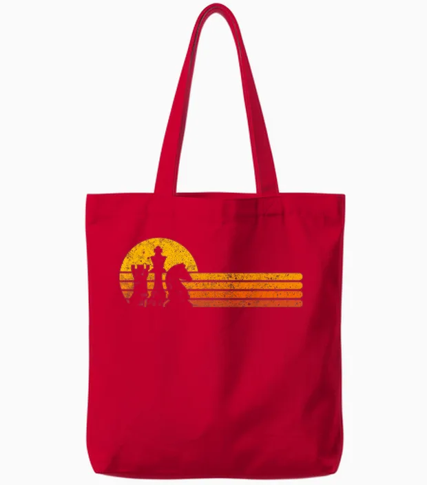 Vintage Chess Player Retro Sunset Design Chess Pieces Tote Bags in Red