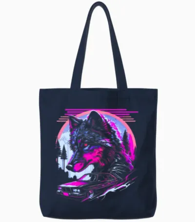 Retro Synthwave Gangster Wolf Tote Bags - Navy